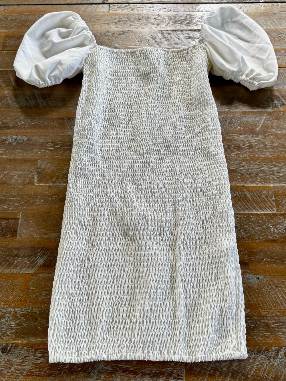 PrettyLittleThing White Smocked Mini Dress with Puff Sleeves - Picture 1 of 3